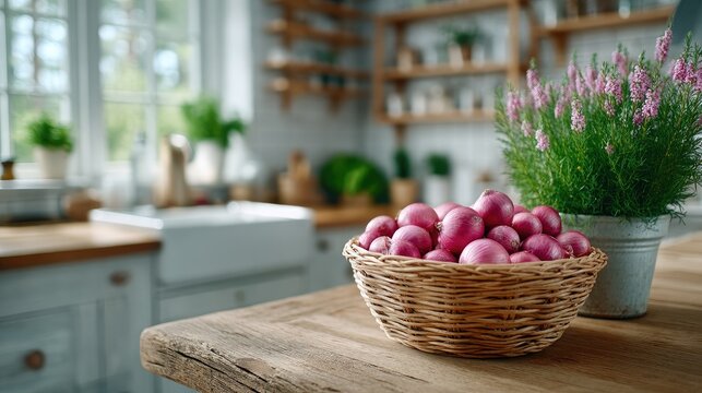 Pink Onions in Woven Basket with Purple Heather Plant in Rustic Kitchen Setting and Bright Natural Lighting on Wooden Tabletop