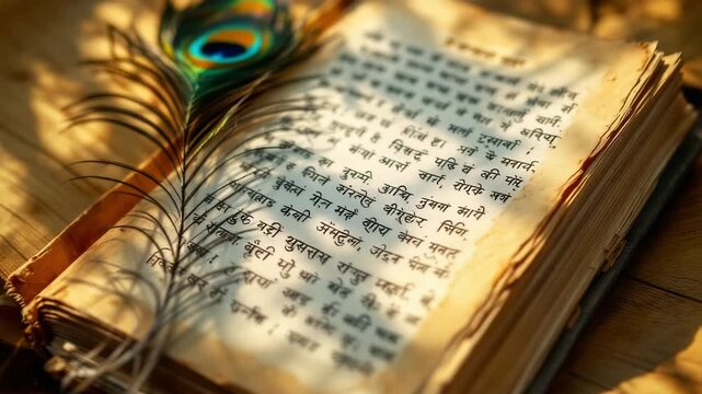 Ancient handwritten sanskrit scripture on aged palm leaves with a beautiful peacock feather bookmark symbolizing wisdom and spirituality
