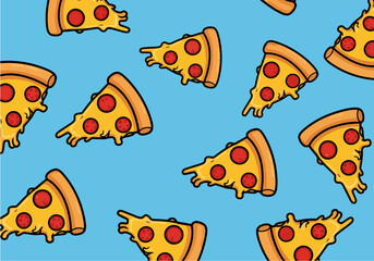 A whimsical pattern of cartoon pepperoni pizza slices, oozing with melted cheese, is scattered playfully across a vibrant light-blue background. Vector Pattern