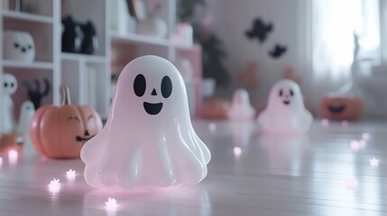 Halloween decorations on a light-colored wooden floor  Small pumpkins and other Halloween-themed objects are visible  Warm lighting creates a cozy atmosphere