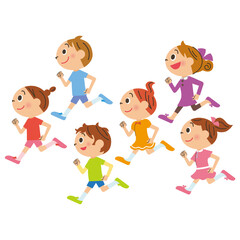 仲良しの子供達が集団で元気に走る