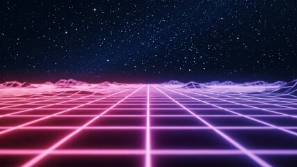 Retro 80s Grid: Neon Lights Across a Starry Night