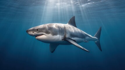 Fototapeta premium Majestic Great White Shark Swimming Gracefully Underwater with Sunlight Beaming Through Ocean Surface in a Pristine Marine Environment