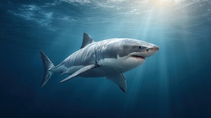 Obraz premium Majestic Great White Shark Swimming Gracefully in Blue Ocean Waters Illuminated by Sun Rays