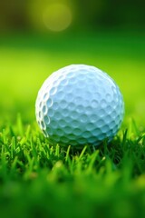 Obraz premium Close-up of golf ball resting on lush green grass, bright, idyllic