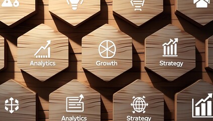 Wooden hexagonal tiles display business growth strategy concepts, analytics, and global reach.