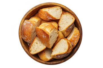 Sliced baguette bread in wooden bowl, fresh baked crusty bread, food photography, bakery item, isolated on transparent background