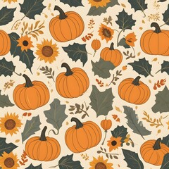 Fall harvest pumpkins and sunflowers create a charming autumn pattern perfect for Thanksgiving decorations or festive seasonal designs during this vibrant time