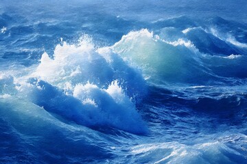 A close up view of ocean waves crashing with white foam and deep blue water during a windy day