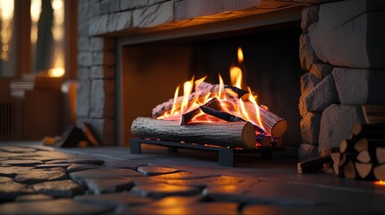 Cozy fireplace with burning logs, creating a warm and inviting atmosphere in a stone-clad room.