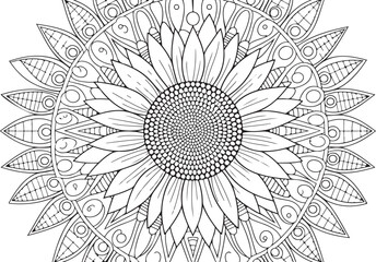 Ornamental Sunflower Mandala with Floral Vines – Coloring Page Design