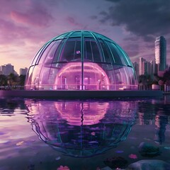 Fototapeta premium Pastel Neon Underwater Futuristic Dome City with Lavender, Baby Pink and Yellow Glow, Sci-Fi Architecture, Cinematic Atmosphere