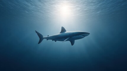 Fototapeta premium Majestic Ocean Predator: A Captivating View of a Shark Swimming Gracefully Through Crystal Clear Water Beneath the Surface