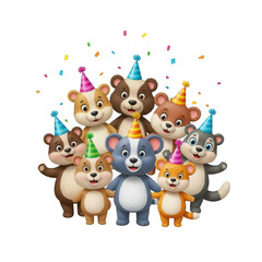 Obraz premium Cartoon party animals, cute bears wearing party hats, celebration, festive, birthday, fun, joyful, happy, mascot, characters, illustration isolated on transparent background