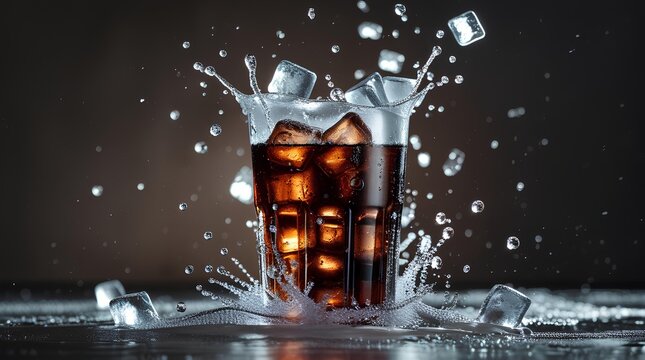 A glass of cola with ice cubes, splashing and exploding in a dramatic display.