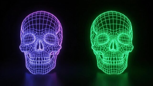Vibrant Neon Wireframe Skulls Pulsating with Purple and Green Light in a Seamless Loop.