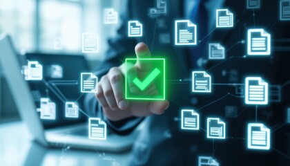 A dynamic, close-up shot of a person in a business suit (partially visible) interacting with a holographic interface of floating document icons.