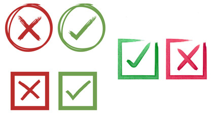 Green check mark and red cross inside circles, representing correct and incorrect choices, approval and rejection.