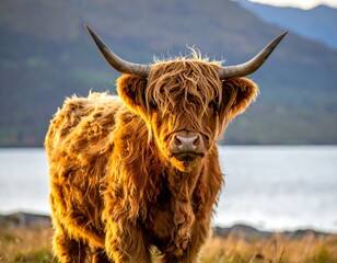 Highland cow portrait in golden light