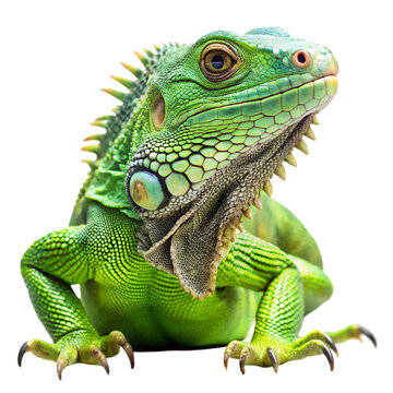 Close up of a vibrant green iguana with detailed scales and sharp claws on black reptile lizard