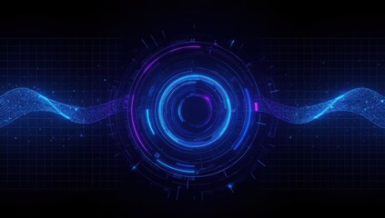 Dynamic, futuristic graphic displays complex, concentric circles and glowing, data-like waveforms against a dark backdrop.