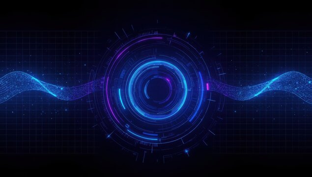 Dynamic, futuristic graphic displays complex, concentric circles and glowing, data-like waveforms against a dark backdrop.