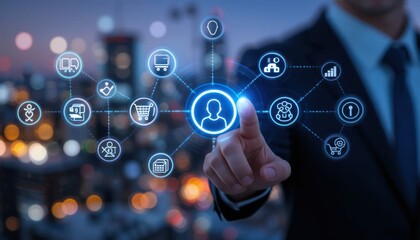 A high-resolution, full-frame digital illustration depicting the e-commerce customer journey. The image shows a detailed, flowing diagram of interconnected icons representing various steps in the shop