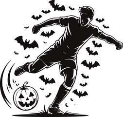 Halloween soccer player pumpkin ball silhouette vector