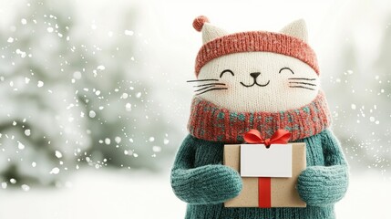 Cute Cat Holding Gift in Snowy Winter Wonderland Scene