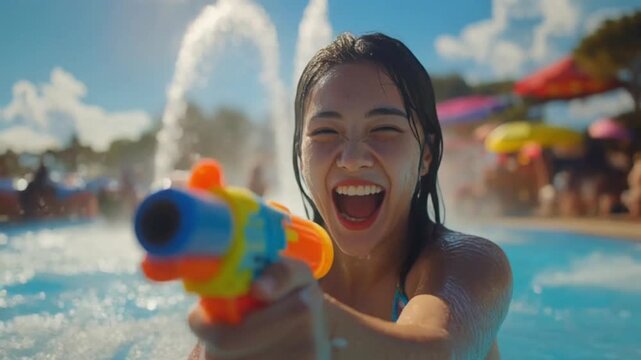 An excited and happy person joyfully firing a water gun and playing with their water pistol on the sunny beach, splashing water around, captured with bokeh background and vibrant summer vibes