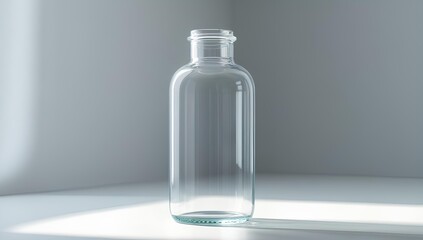 A clear, empty glass bottle stands in a corner with sunlight casting a shadow.