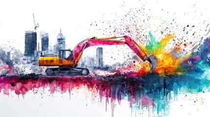 Vibrant Excavator Artwork with Cityscape and Colorful Splashes