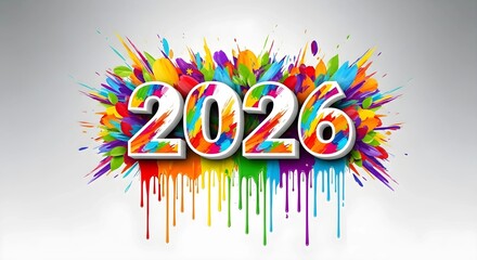 A 2026 Happy New Year Celebration Colorful Paint Splash Typography Art Design