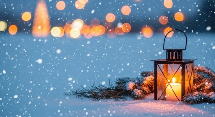 Winter Snowfall and Lantern Warmth on a Snowy Evening