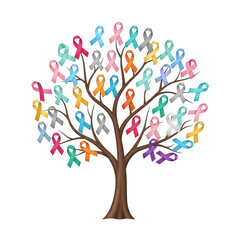 Fototapeta premium Symbolic tree adorned with colorful awareness ribbons, representing hope, support, and solidarity for various causes and health campaigns
