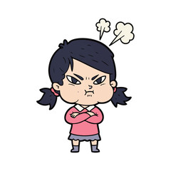 2D flat vector illustration, A tiny girl character with pigtails, crossed arms, puff of steam rising from head, cheeks puffed out angrily