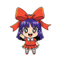2D flat vector illustration, Energetic Girl with Big Ribbon cartoon character in retro  anime style