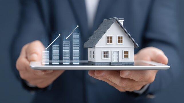 Man Holding Tablet with 3D Model House and Growth Graphs for Real Estate Investment and Financial Planning in Modern Business Environment