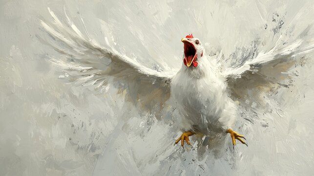 Dynamic Painting of Bird in Flight with Open Wings and Beak