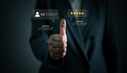Customer satisfaction, 5 star rating, positive service feedback, and review approval system concept. Service quality, testimonials, product reviews, client experience and user feedback visuals.