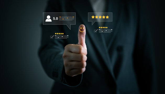 Customer satisfaction, 5 star rating, positive service feedback, and review approval system concept. Service quality, testimonials, product reviews, client experience and user feedback visuals.