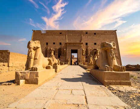 Ancient temple entrance at sunset - Powered by Adobe