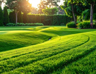 Fototapeta premium Serene Landscape: Gently Flowing River Through Lush Green Meadow at Sunset