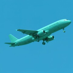 Obraz premium Turquoise airplane taking off on clear blue sky