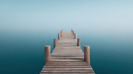 Fototapeta premium Tranquil wooden pier stretching into calm waters under a serene foggy sky, offering a peaceful escape for quiet reflection and relaxation