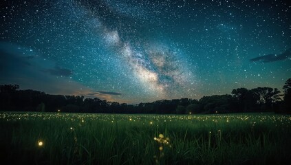 A vast field of grass glows with fireflies beneath a starry night sky filled with the milky way.
