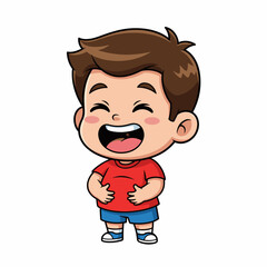 Retro anime-style chibi boy laughing hard while holding his belly, eyes closed, wide smile, flat 2D vector.