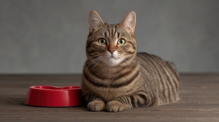 A Domestic Tabby Cat with Striped Fur and Bright Eyes Resting Beside a Red Food Bowl on a Wooden Surface in a Softly Lit Studio Setting