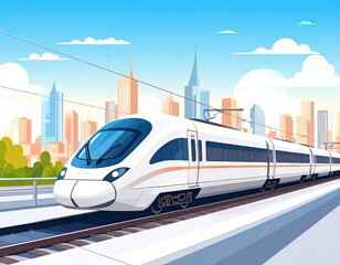 Naklejka premium Modern train on tracks through city