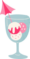 A cocktail glass with ice cream scoops and a pink umbrella